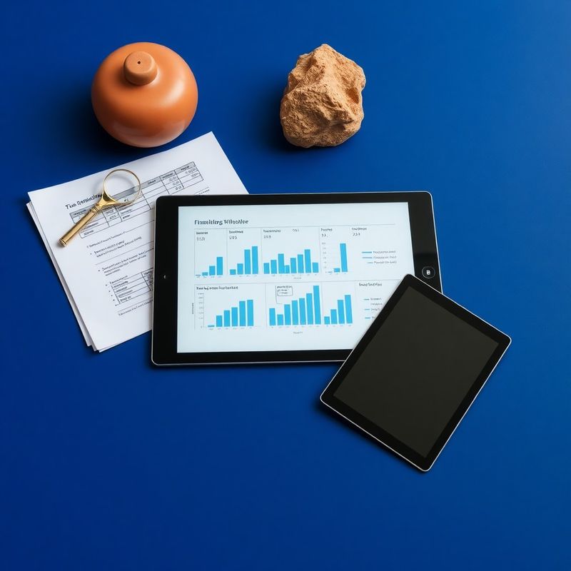 Financijski dokumenti, tablice i digitalni tablet na indigo-plavom radnom stolu